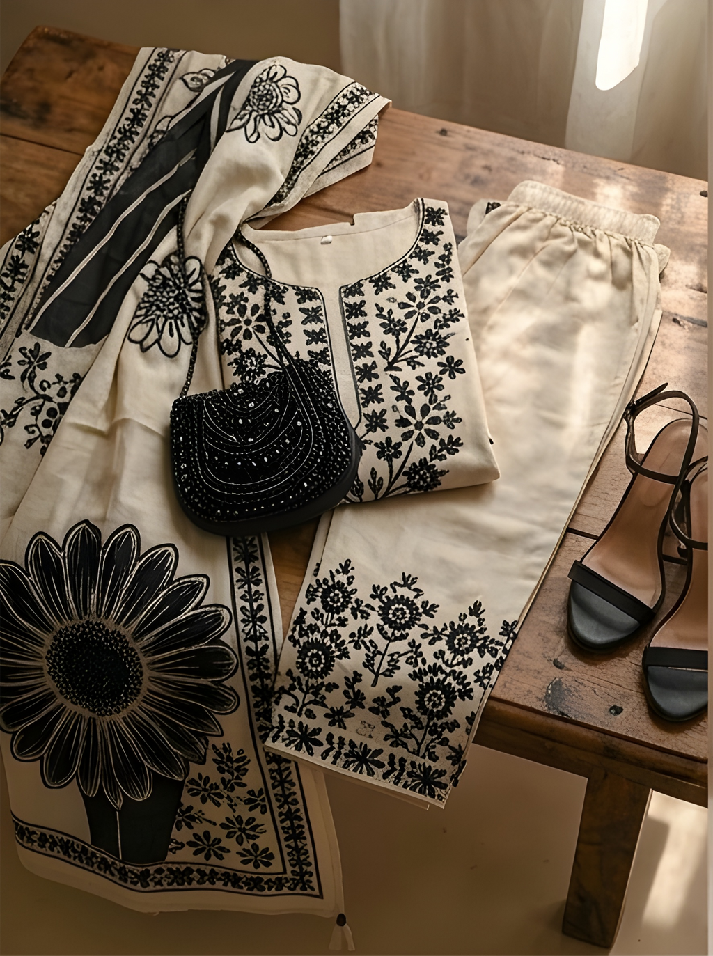 Blended Kadai work Embroidered Kurta Set.