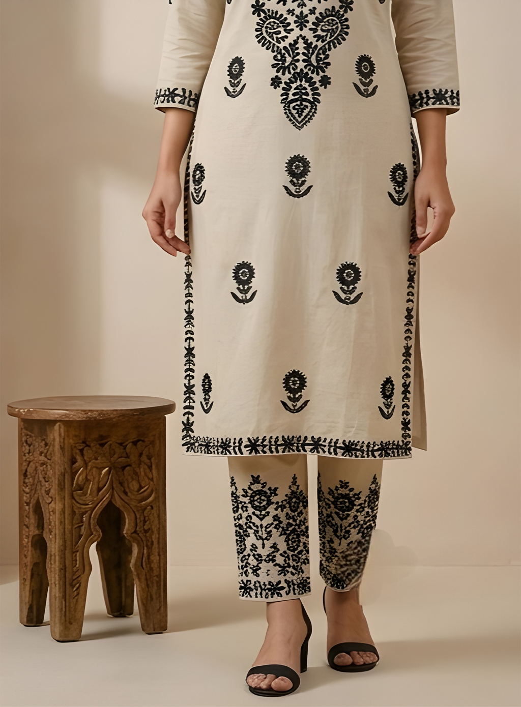 Blended Kadai work Embroidered Kurta Set.