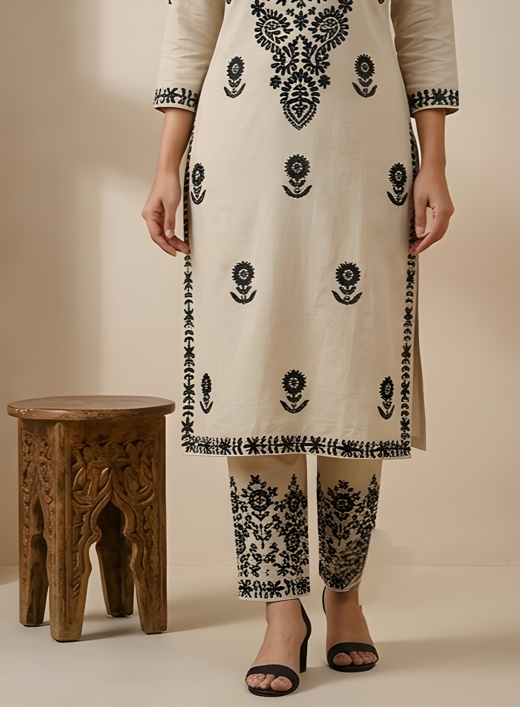 Blended Kadai work Embroidered Kurta Set.