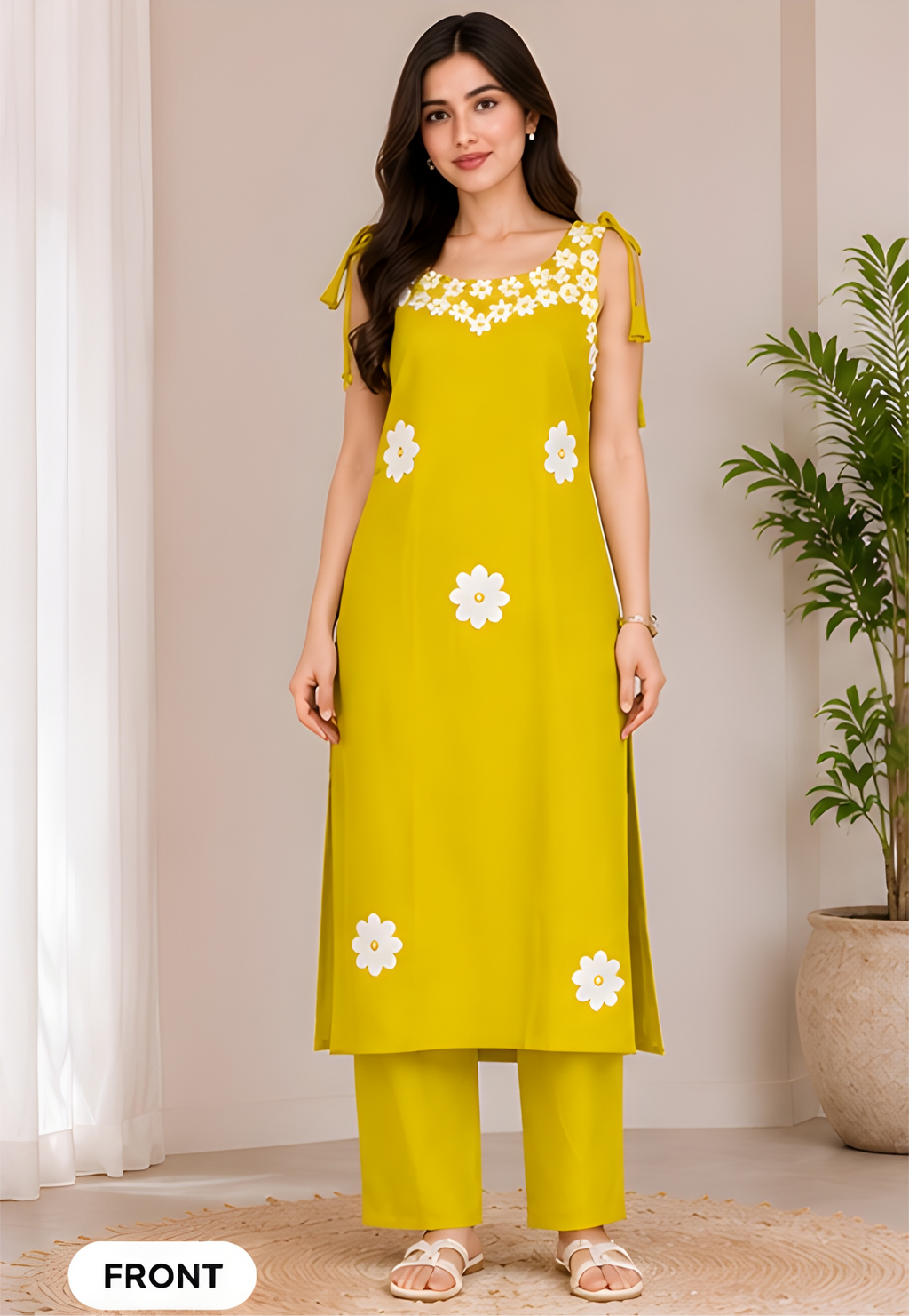 Vatican Fabric Floral Appliqué Shoulder-Tie Tunic & Pants Co-Ord Set