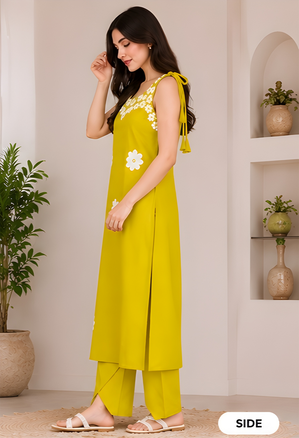 Vatican Fabric Floral Appliqué Shoulder-Tie Tunic & Pants Co-Ord Set