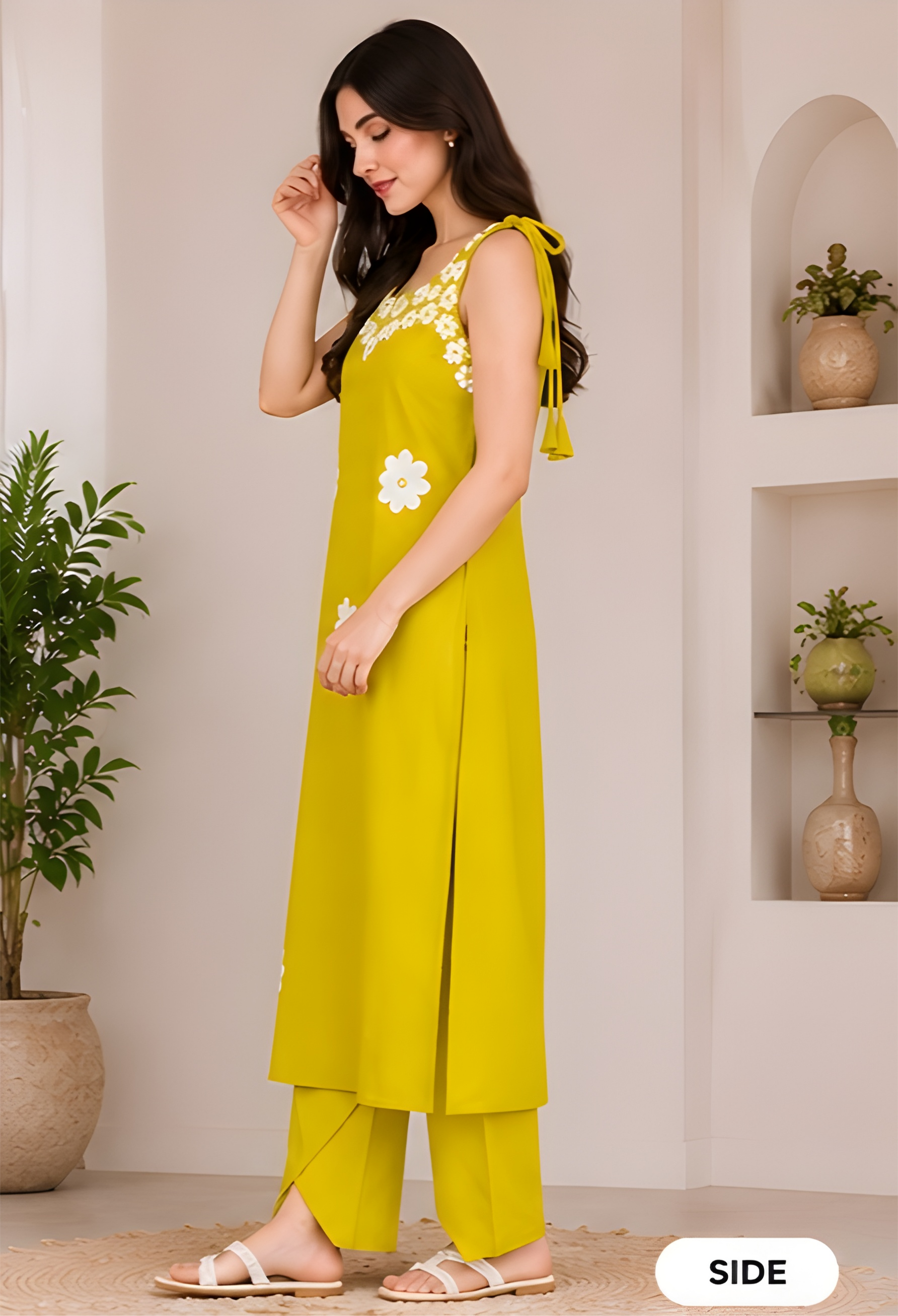 Vatican Fabric Floral Appliqué Shoulder-Tie Tunic & Pants Co-Ord Set