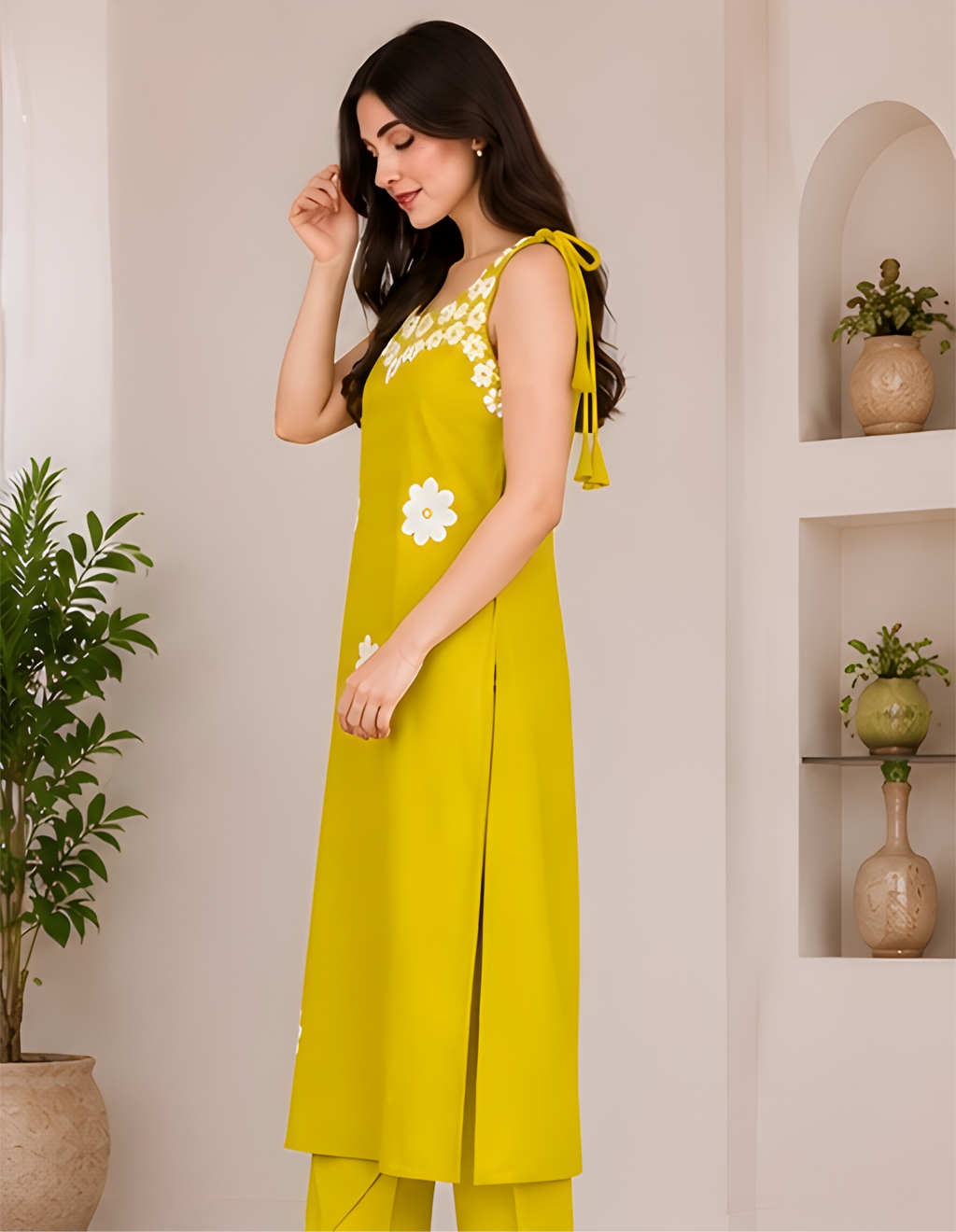 Vatican Fabric Floral Appliqué Shoulder-Tie Tunic & Pants Co-Ord Set