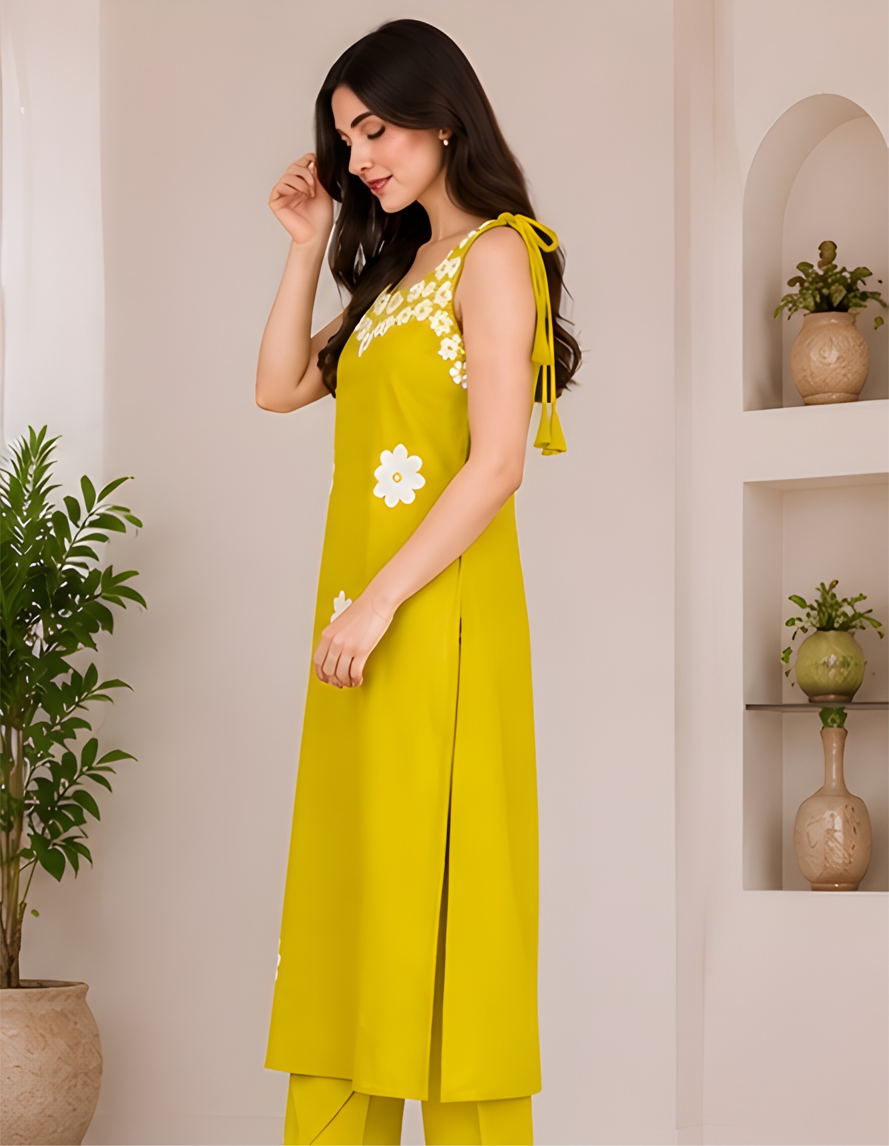 Vatican Fabric Floral Appliqué Shoulder-Tie Tunic & Pants Co-Ord Set