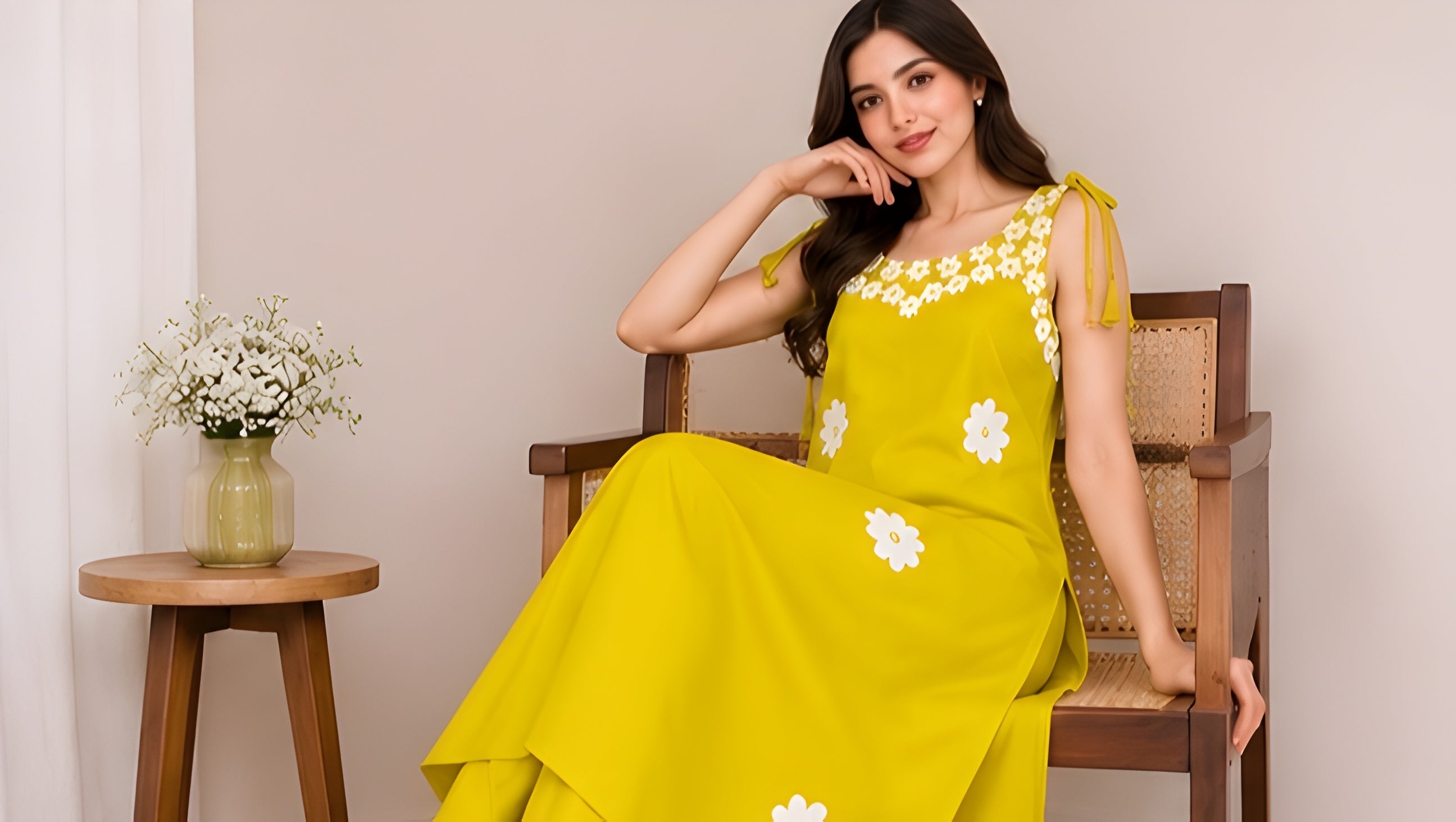 Vatican Fabric Floral Appliqué Shoulder-Tie Tunic & Pants Co-Ord Set