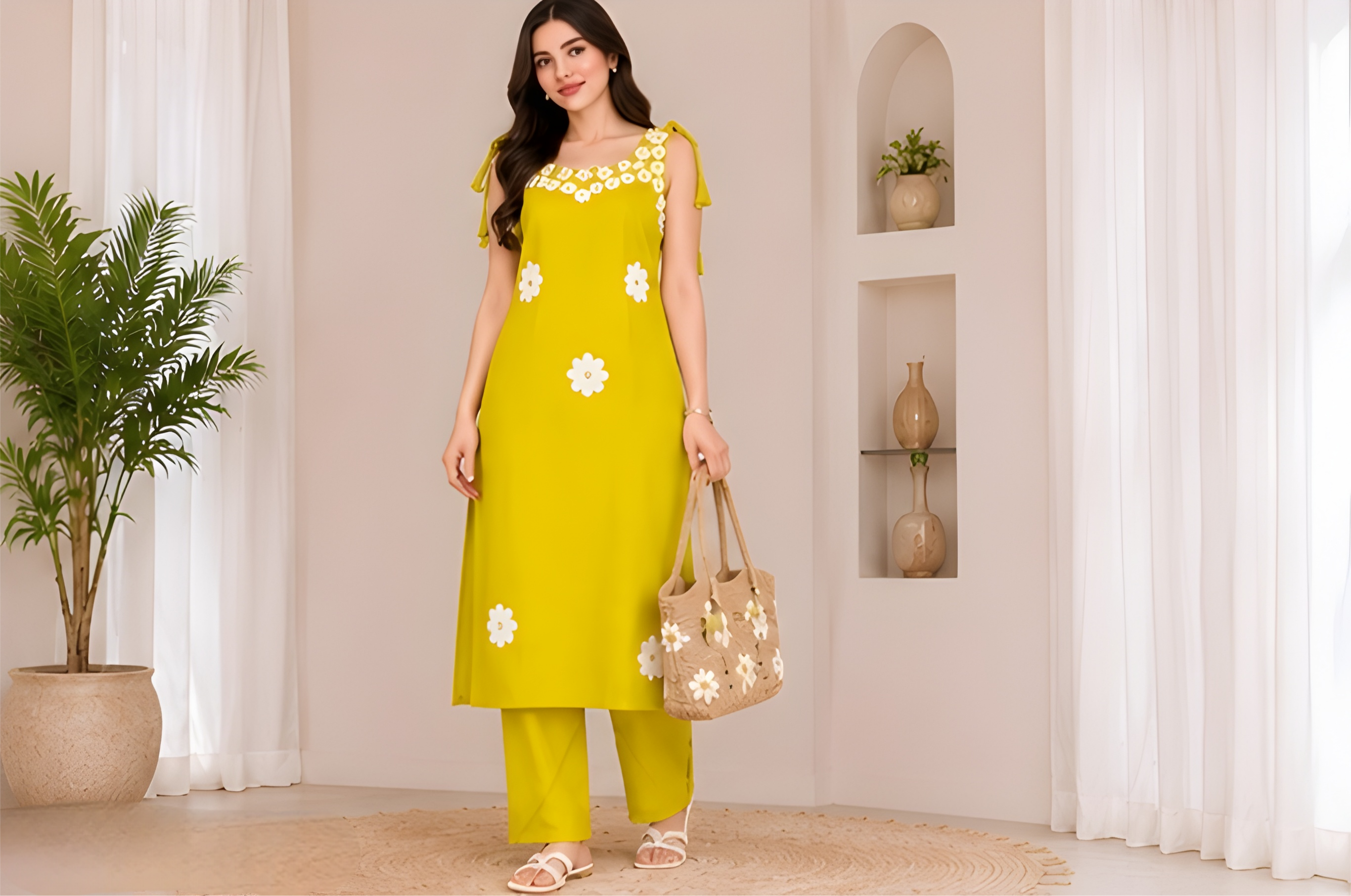 Vatican Fabric Floral Appliqué Shoulder-Tie Tunic & Pants Co-Ord Set
