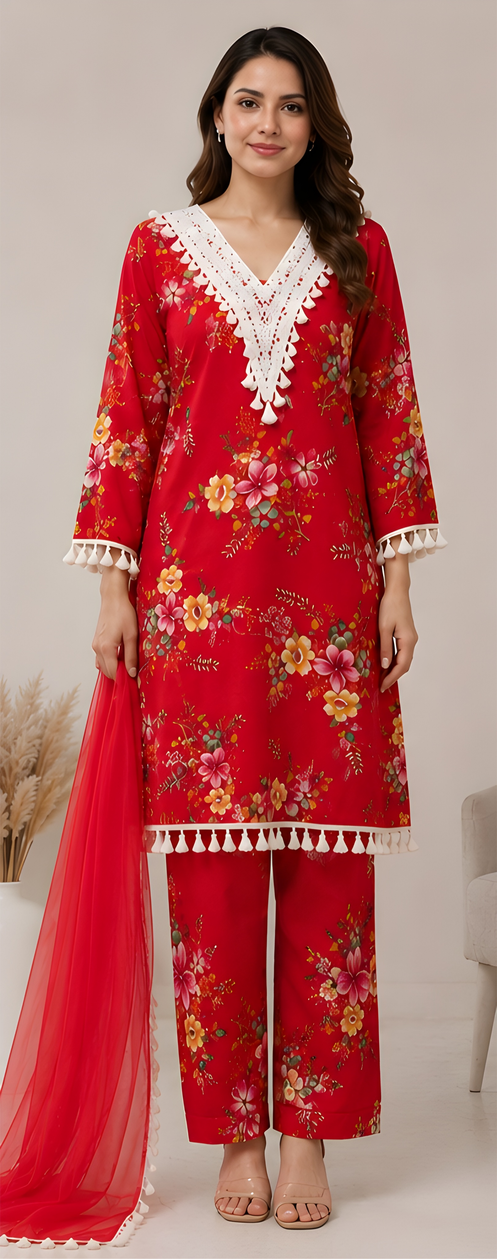 Crimson Floral Rayon Slub Kurta & Farshi Pants Set with Dupatta