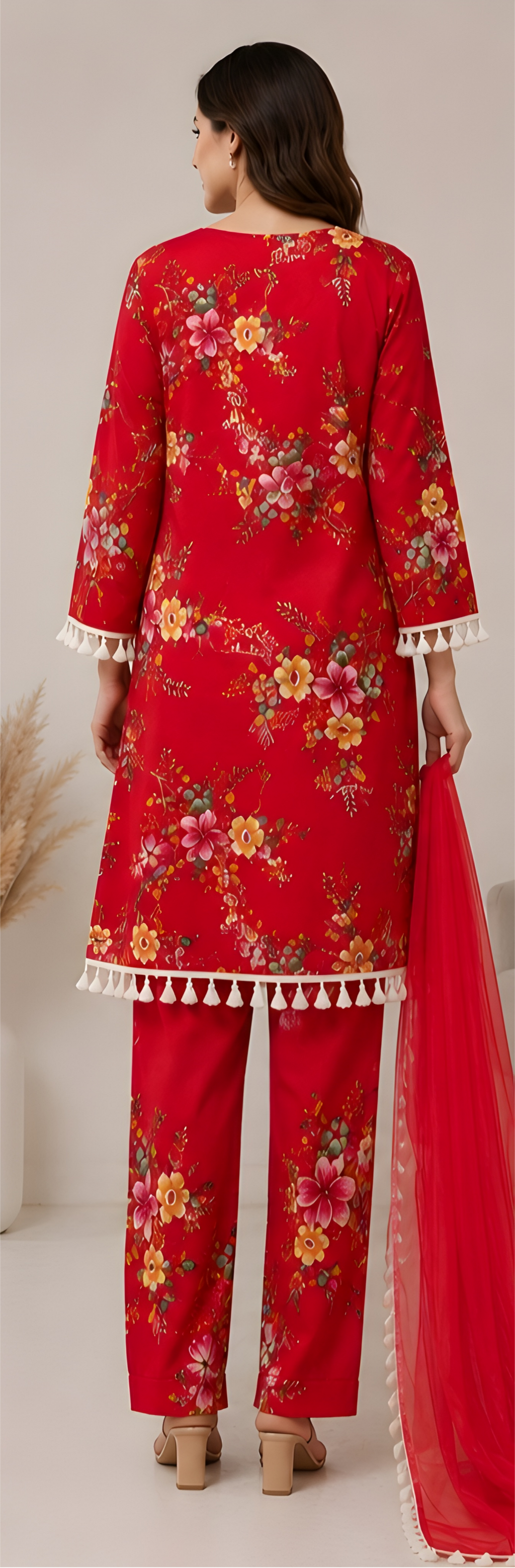 Crimson Floral Rayon Slub Kurta & Farshi Pants Set with Dupatta