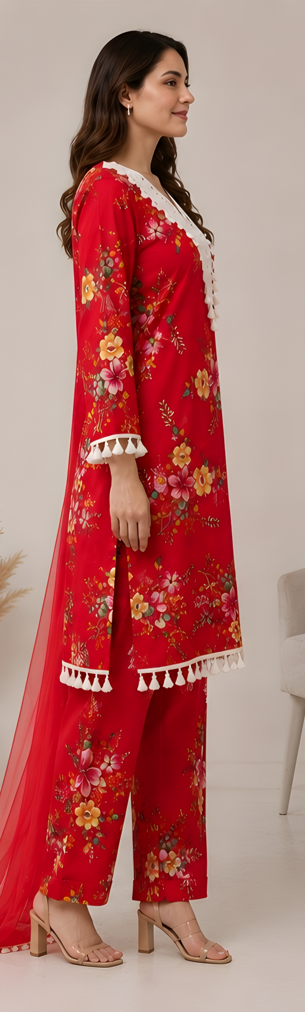 Crimson Floral Rayon Slub Kurta & Farshi Pants Set with Dupatta