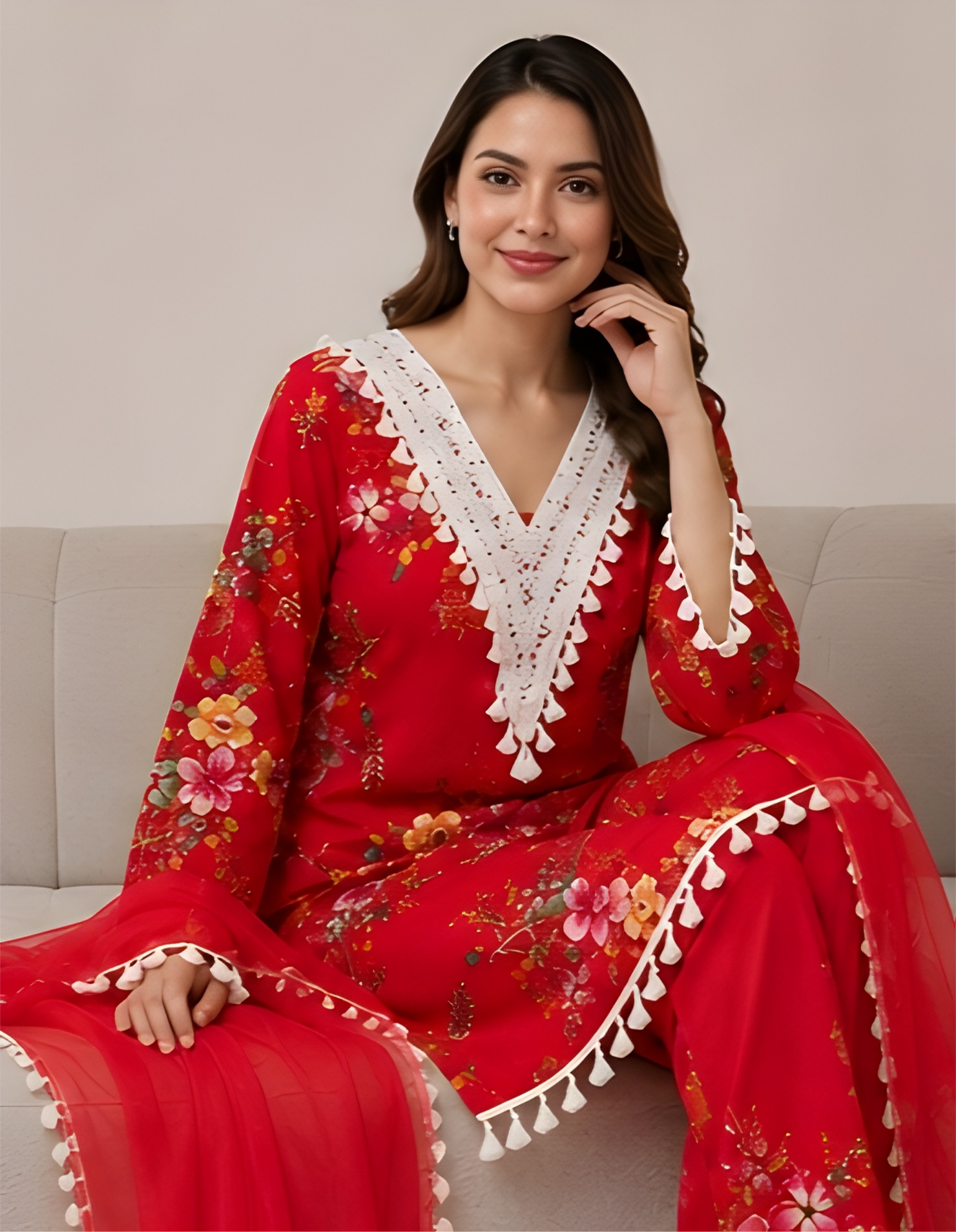 Crimson Floral Rayon Slub Kurta & Farshi Pants Set with Dupatta