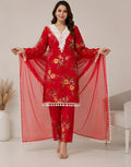 Crimson Floral Rayon Slub Kurta & Farshi Pants Set with Dupatta