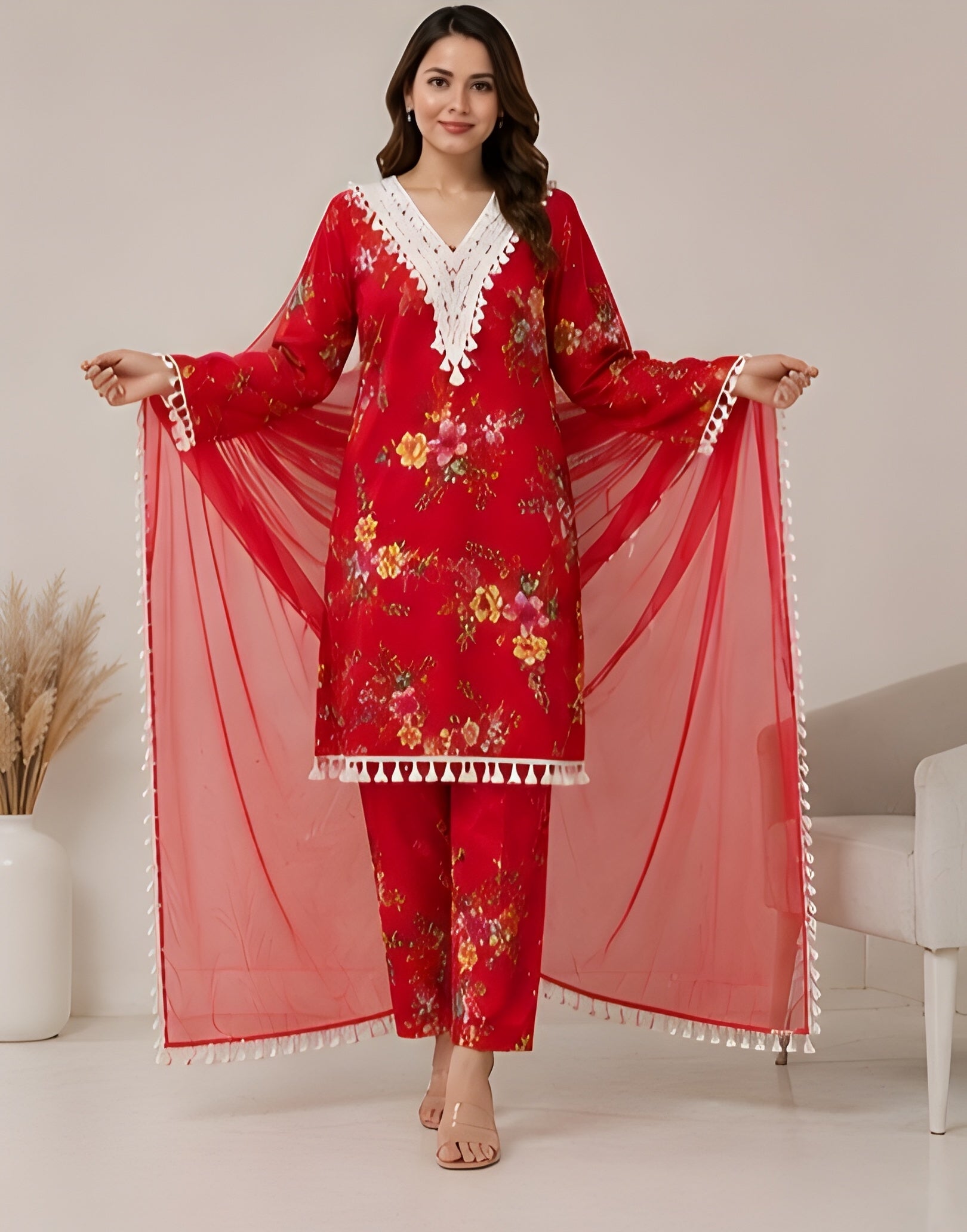 Crimson Floral Rayon Slub Kurta & Farshi Pants Set with Dupatta