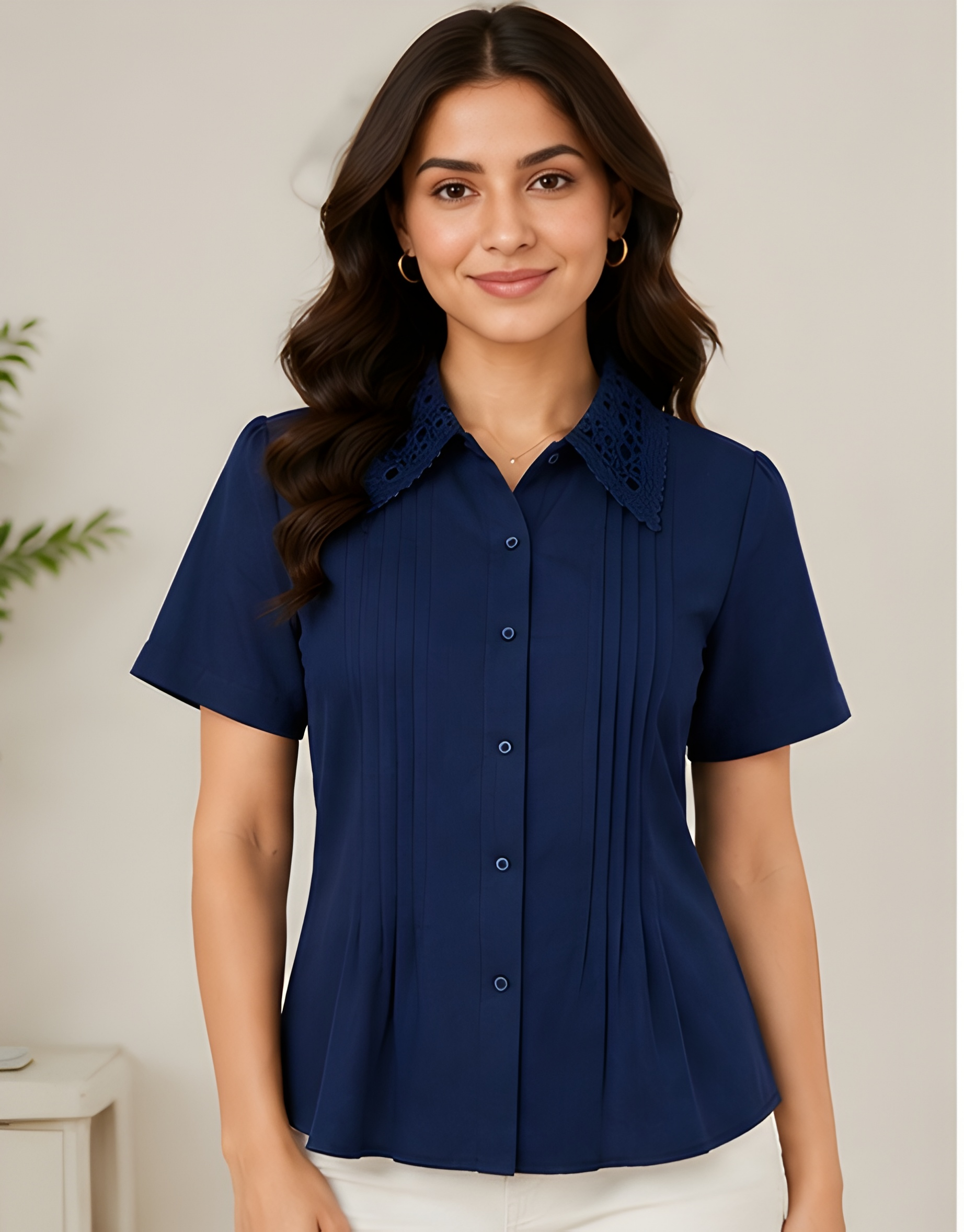 Lace-Collar Pin-Tucked Vatican Fabric Navy Shirt