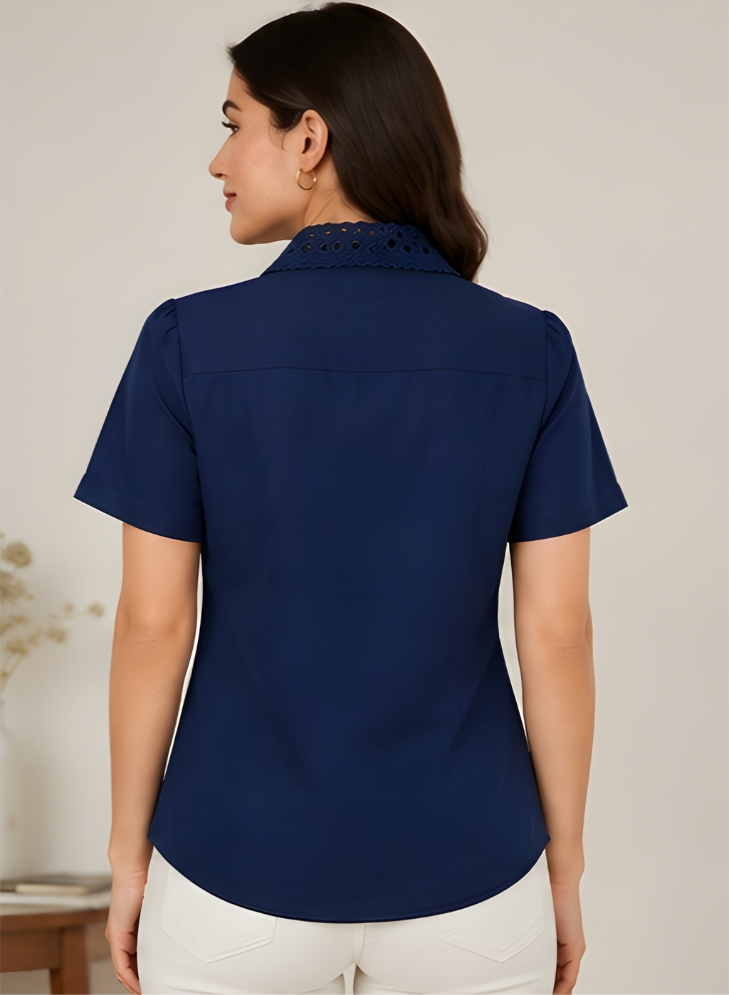 Lace-Collar Pin-Tucked Vatican Fabric Navy Shirt