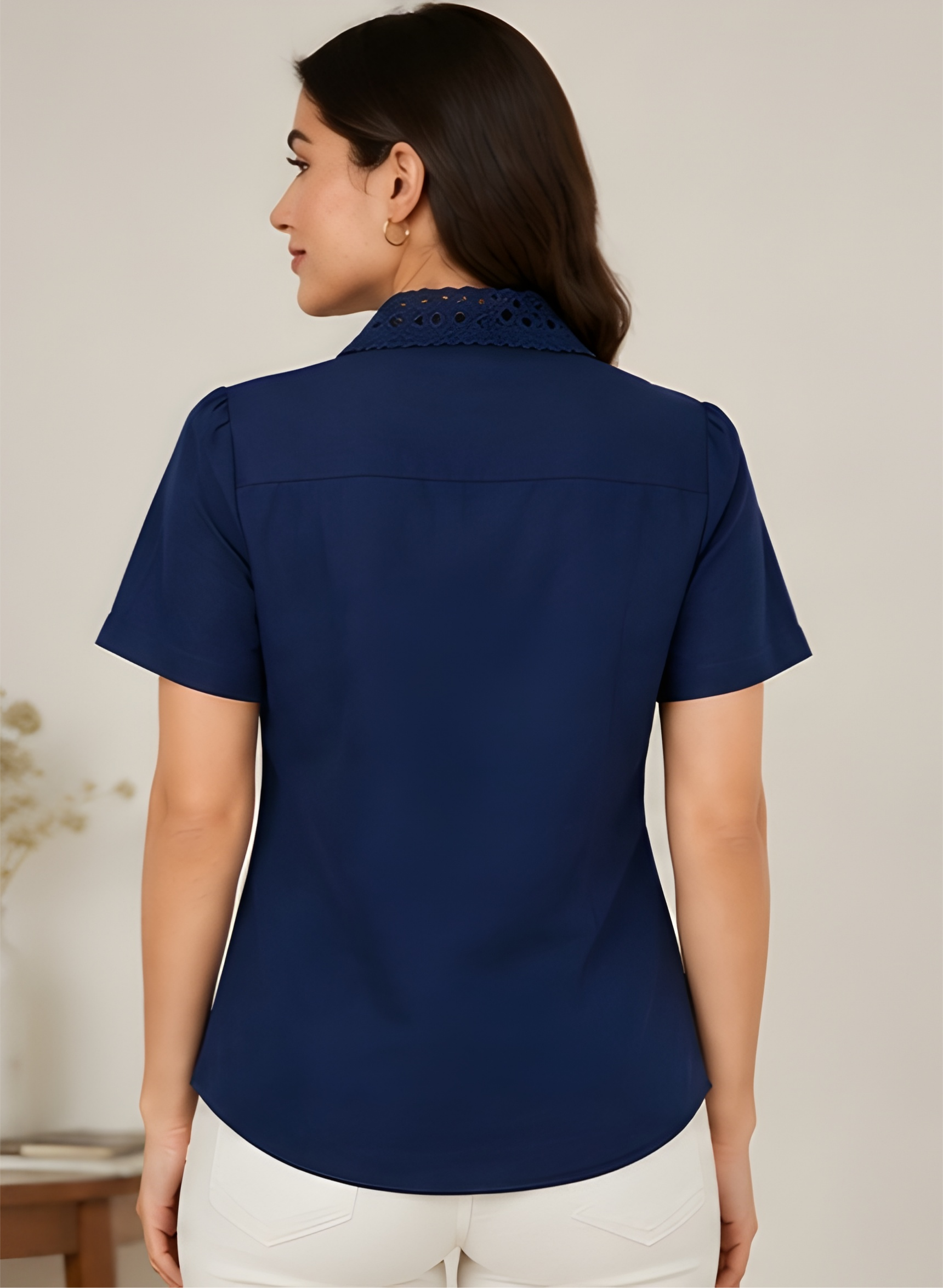 Lace-Collar Pin-Tucked Vatican Fabric Navy Shirt