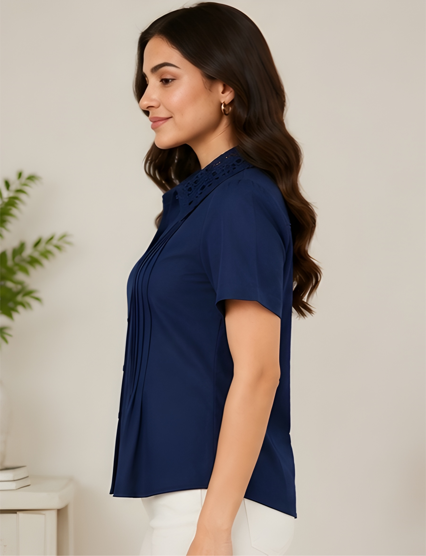 Lace-Collar Pin-Tucked Vatican Fabric Navy Shirt