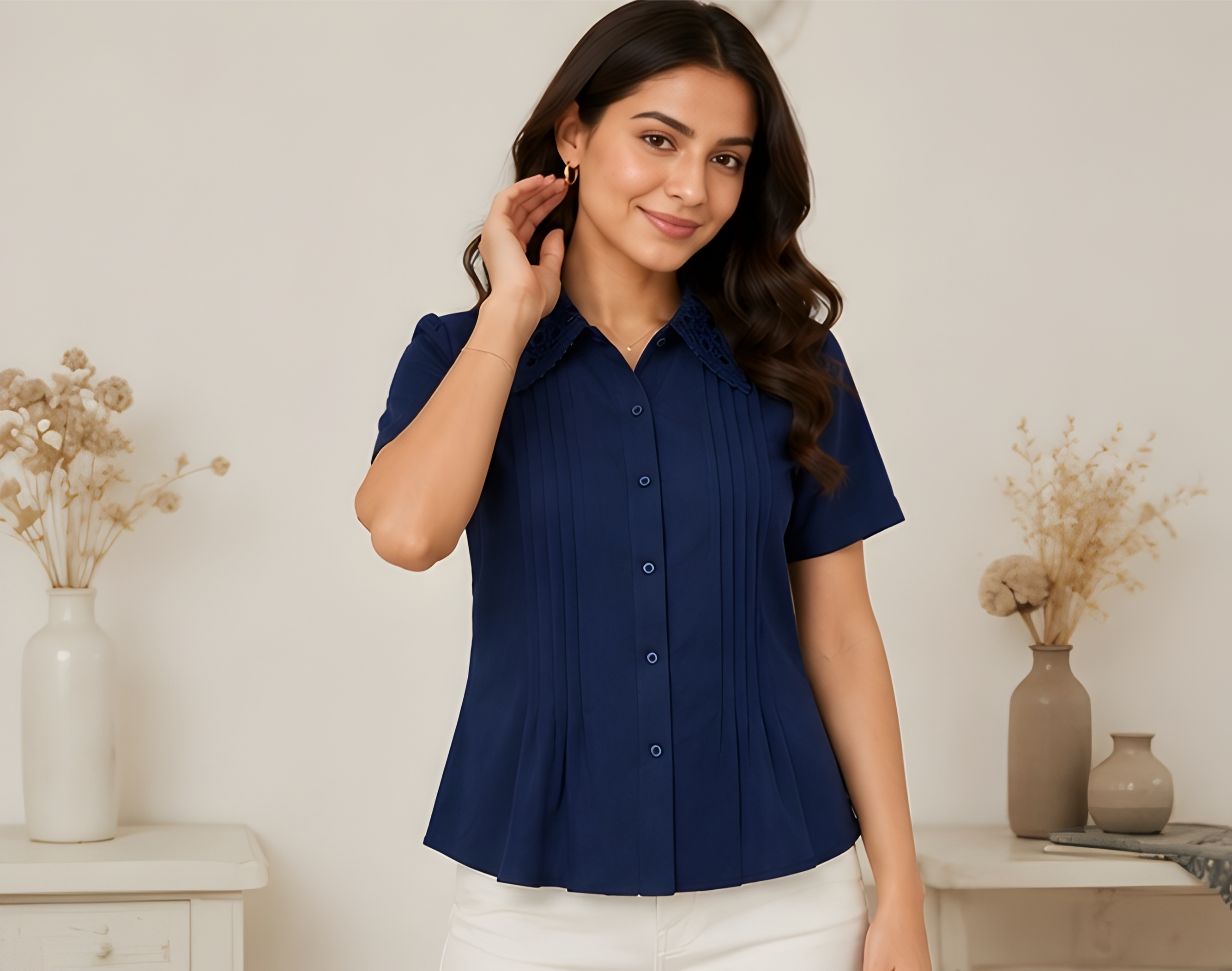 Lace-Collar Pin-Tucked Vatican Fabric Navy Shirt