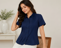 Lace-Collar Pin-Tucked Vatican Fabric Navy Shirt