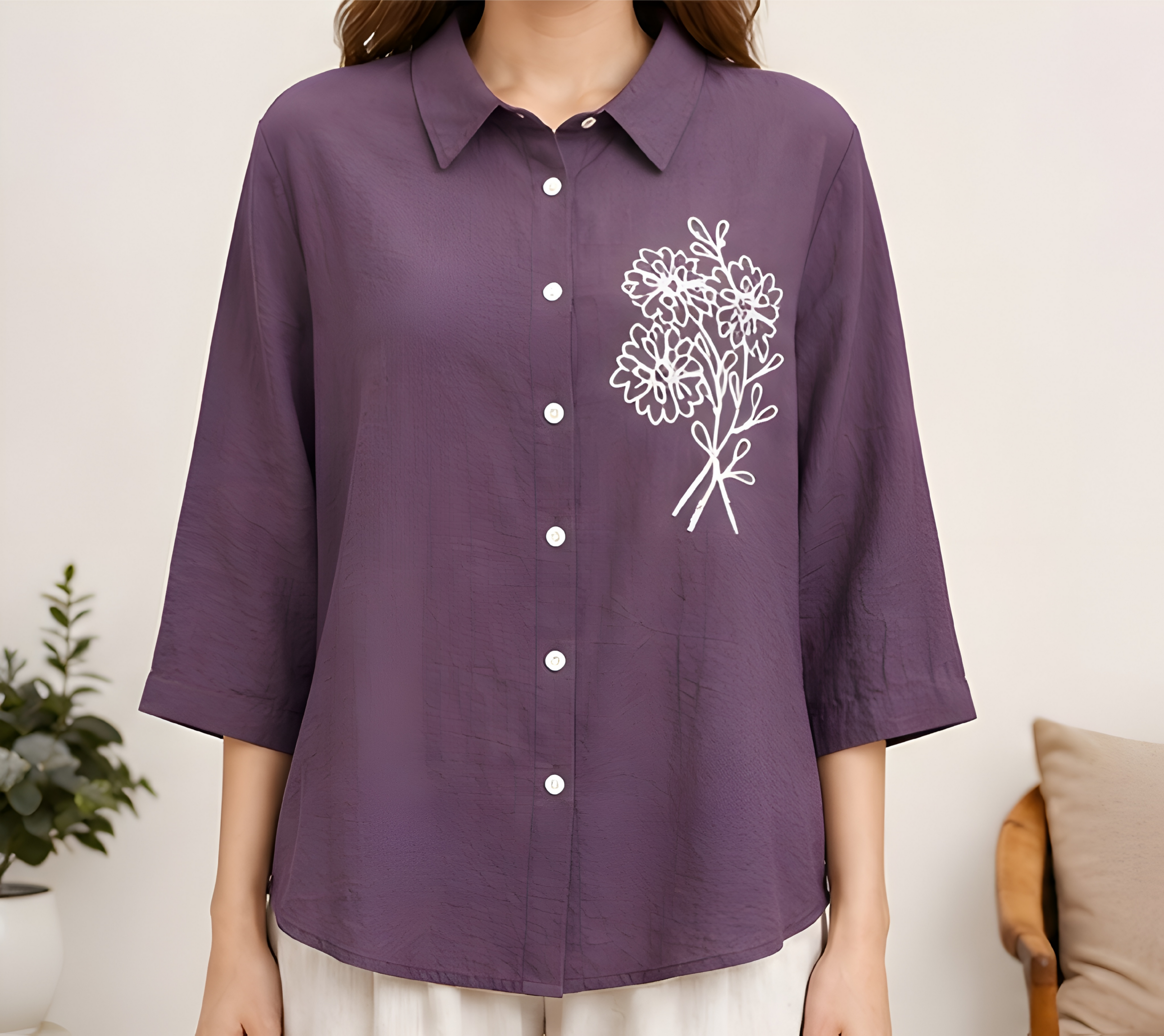 Floral Embroidered Paper Cotton Plum Shirt