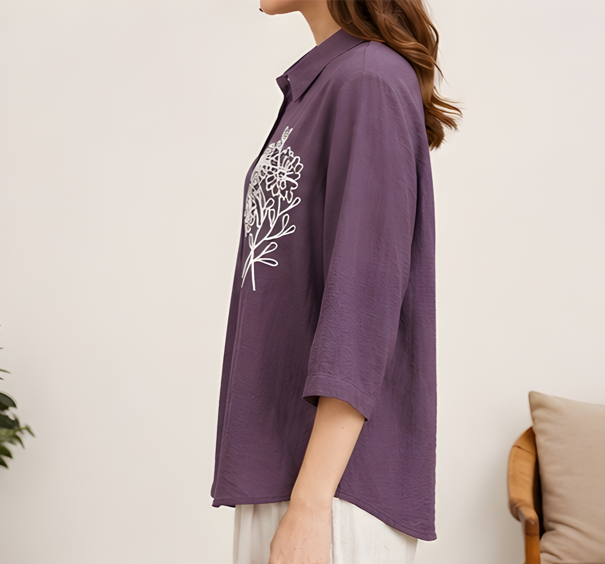 Floral Embroidered Paper Cotton Plum Shirt