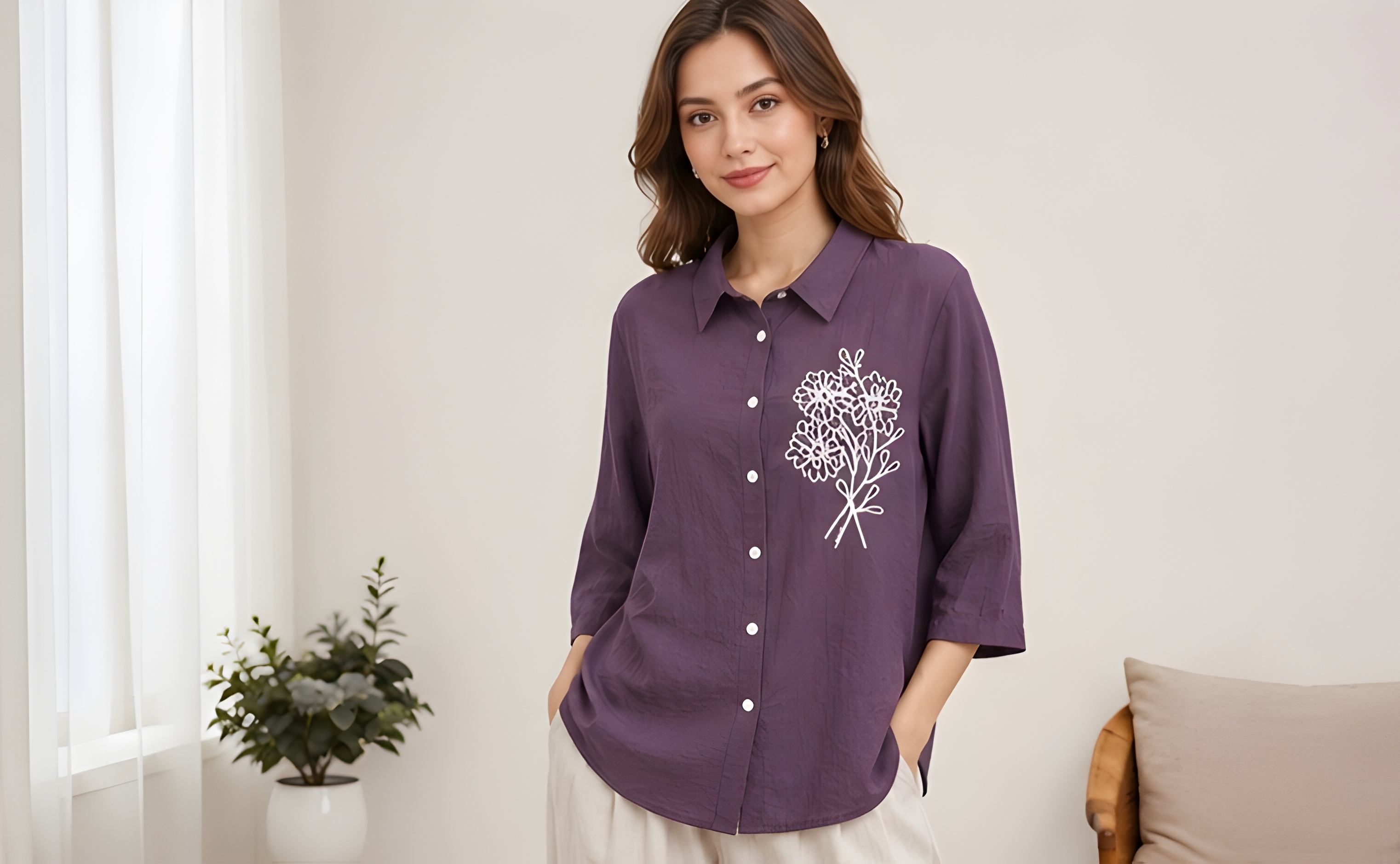 Floral Embroidered Paper Cotton Plum Shirt