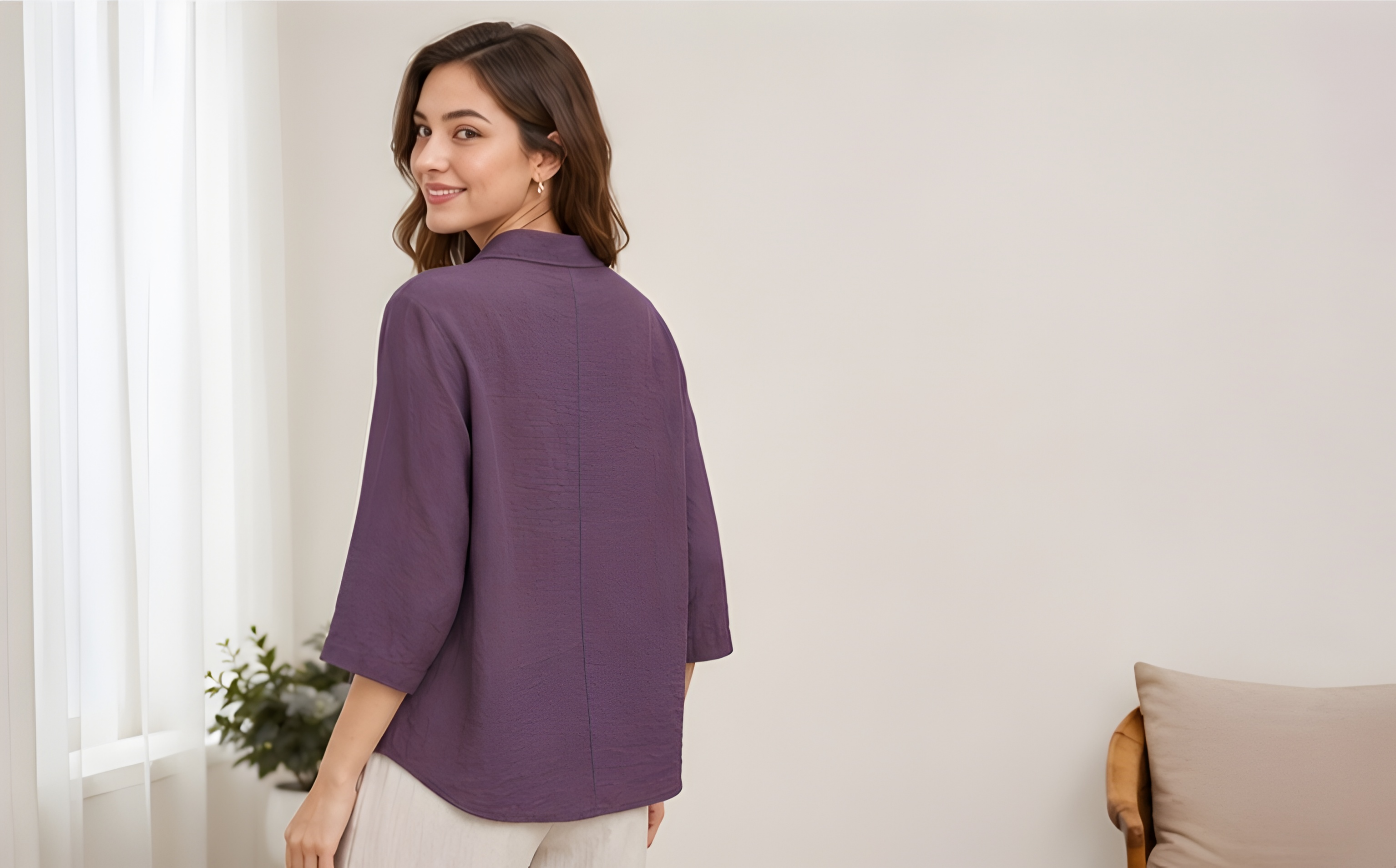 Floral Embroidered Paper Cotton Plum Shirt