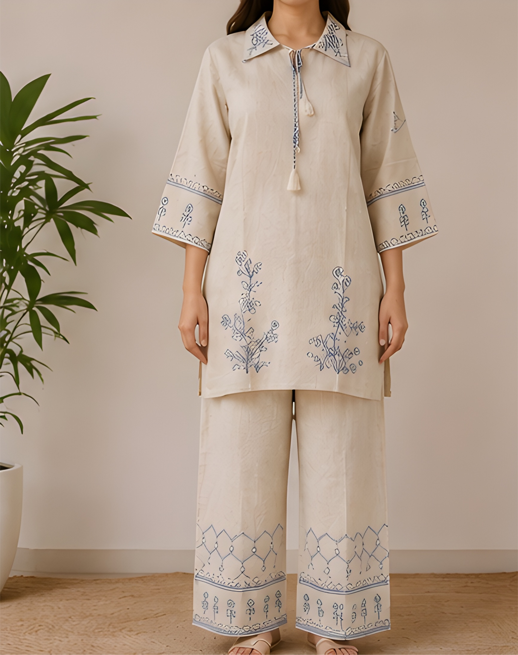 Indigo Embroidered Pure Khadi Tunic & Wide-Leg Co-Ord Set