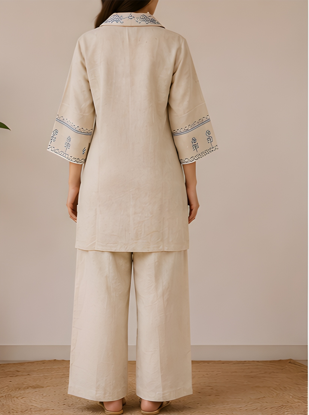 Indigo Embroidered Pure Khadi Tunic & Wide-Leg Co-Ord Set