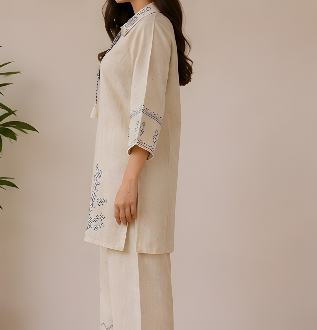 Indigo Embroidered Pure Khadi Tunic & Wide-Leg Co-Ord Set