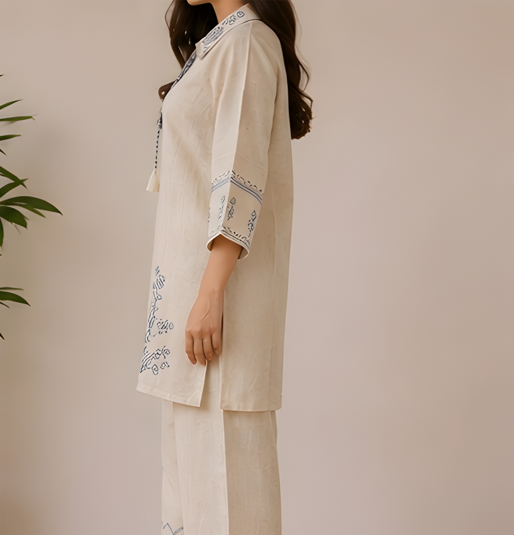 Indigo Embroidered Pure Khadi Tunic & Wide-Leg Co-Ord Set
