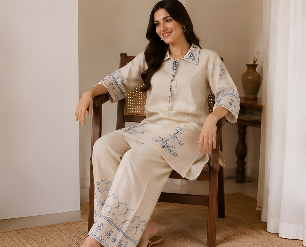 Indigo Embroidered Pure Khadi Tunic & Wide-Leg Co-Ord Set