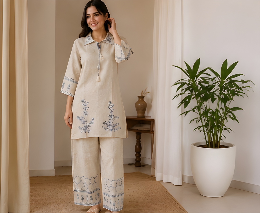 Indigo Embroidered Pure Khadi Tunic & Wide-Leg Co-Ord Set