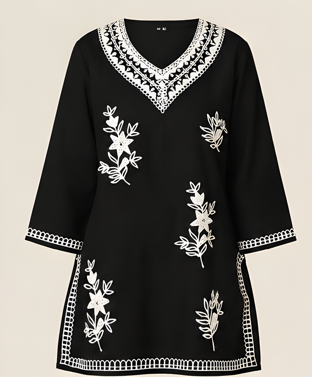 Monochrome Lace & Floral Embroidered Imported Rayon Tunic Shirt