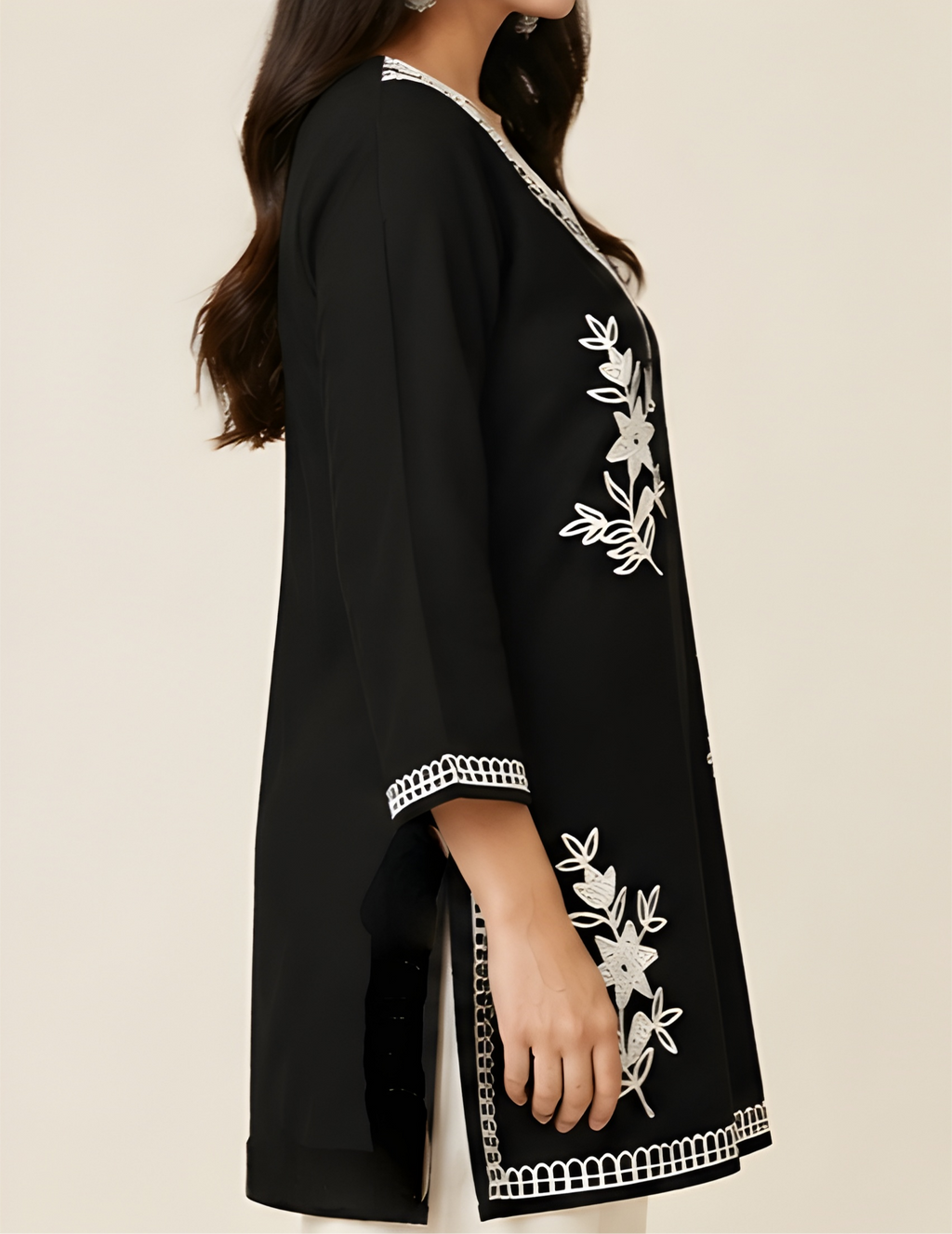 Monochrome Lace & Floral Embroidered Imported Rayon Tunic Shirt