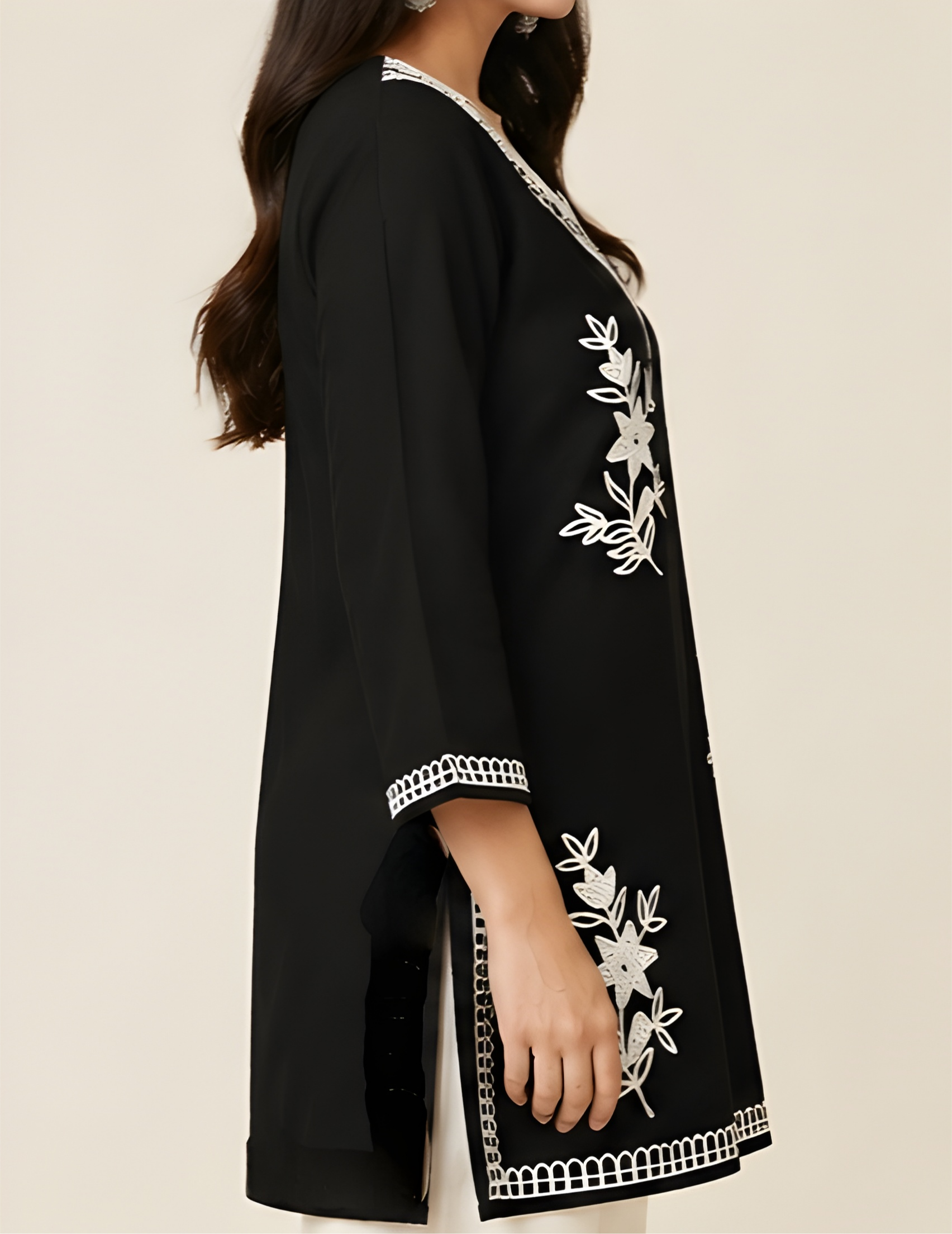 Monochrome Lace & Floral Embroidered Imported Rayon Tunic Shirt