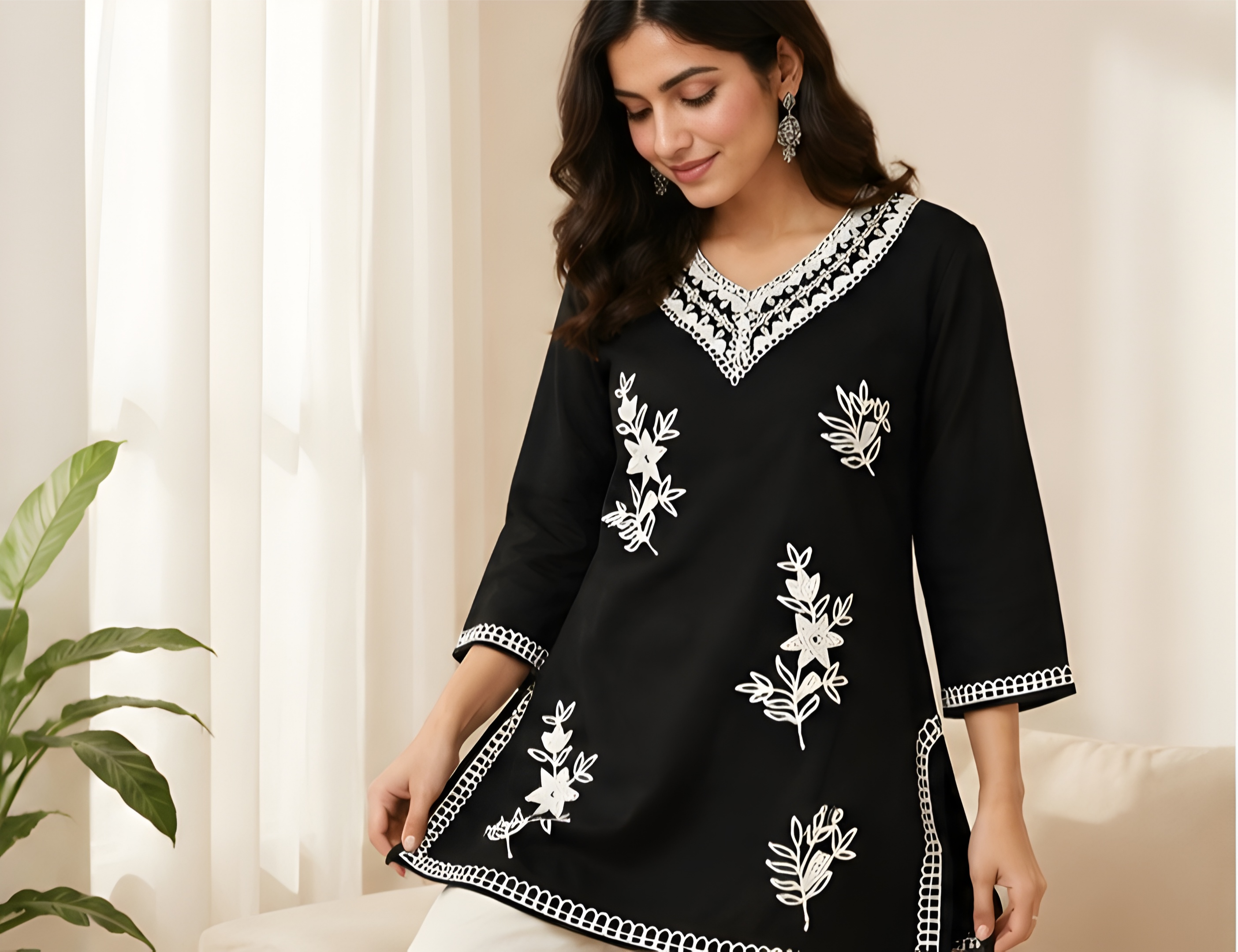 Monochrome Lace & Floral Embroidered Imported Rayon Tunic Shirt