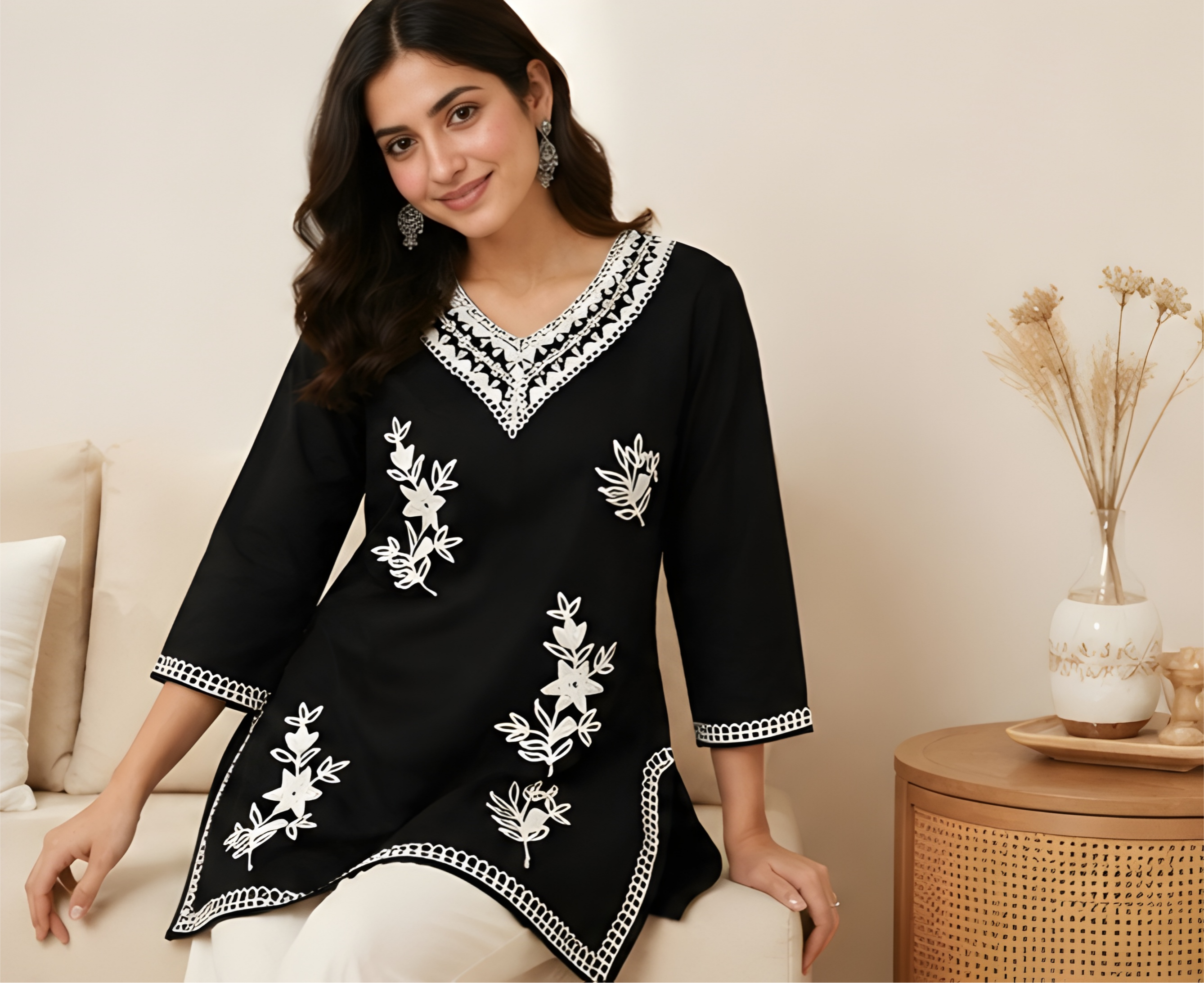 Monochrome Lace & Floral Embroidered Imported Rayon Tunic Shirt