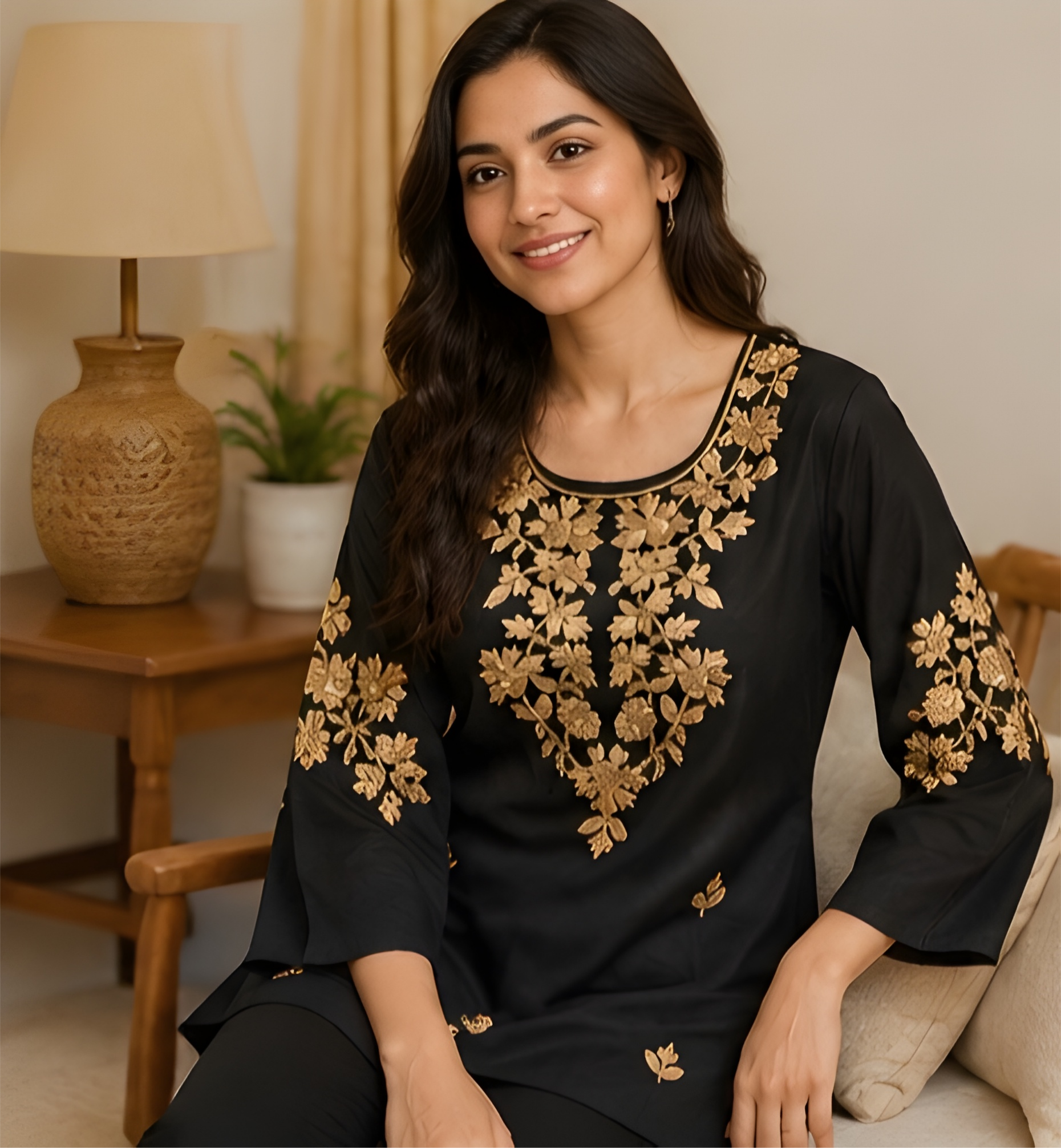 Gold Regal Embroidered Imported NV-Blend Black Tunic Shirt