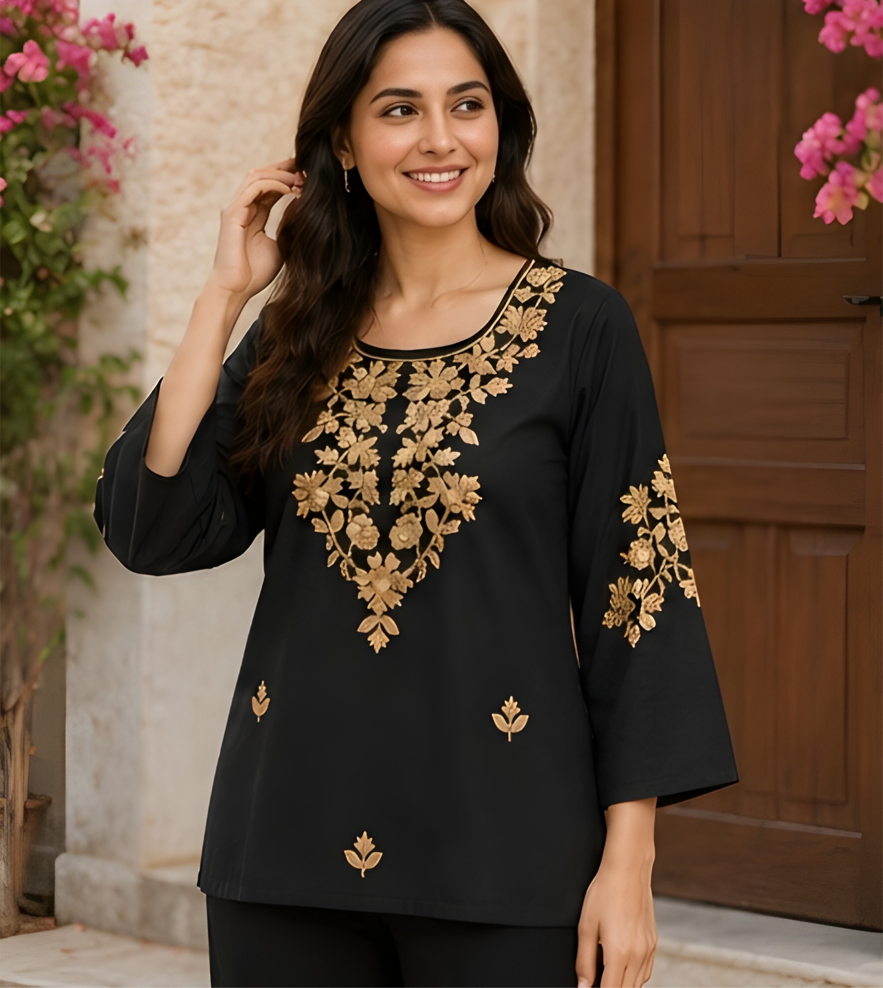 Gold Regal Embroidered Imported NV-Blend Black Tunic Shirt