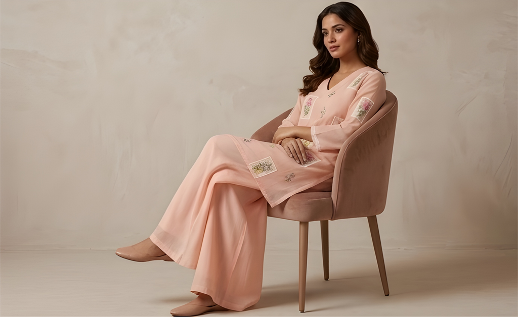 Embroidered Mul Chanderi Tunic & Wide-Leg Co-Ord Set