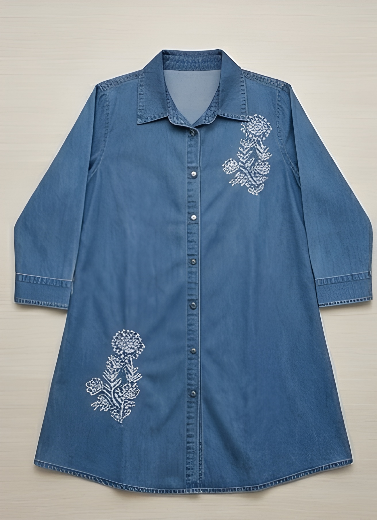 Floral Embroidered Soft Denim Tunic Shirt & Scalloped Trousers Co-Ord Set