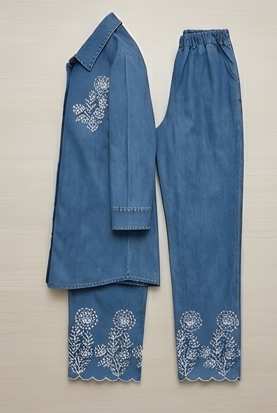 Floral Embroidered Soft Denim Tunic Shirt & Scalloped Trousers Co-Ord Set