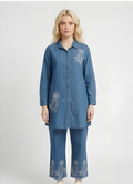 Floral Embroidered Soft Denim Tunic Shirt & Scalloped Trousers Co-Ord Set