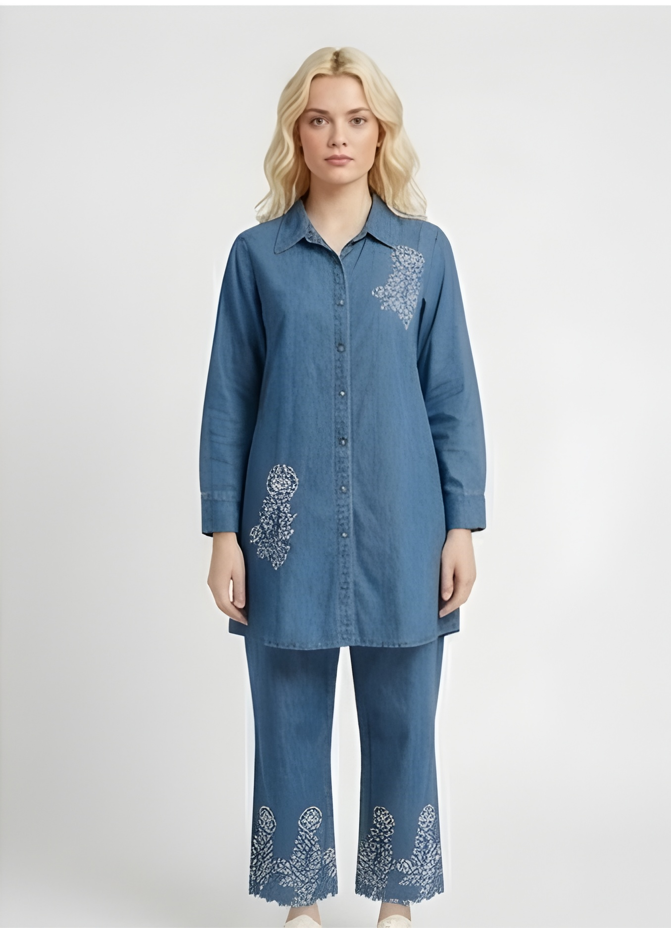 Floral Embroidered Soft Denim Tunic Shirt & Scalloped Trousers Co-Ord Set