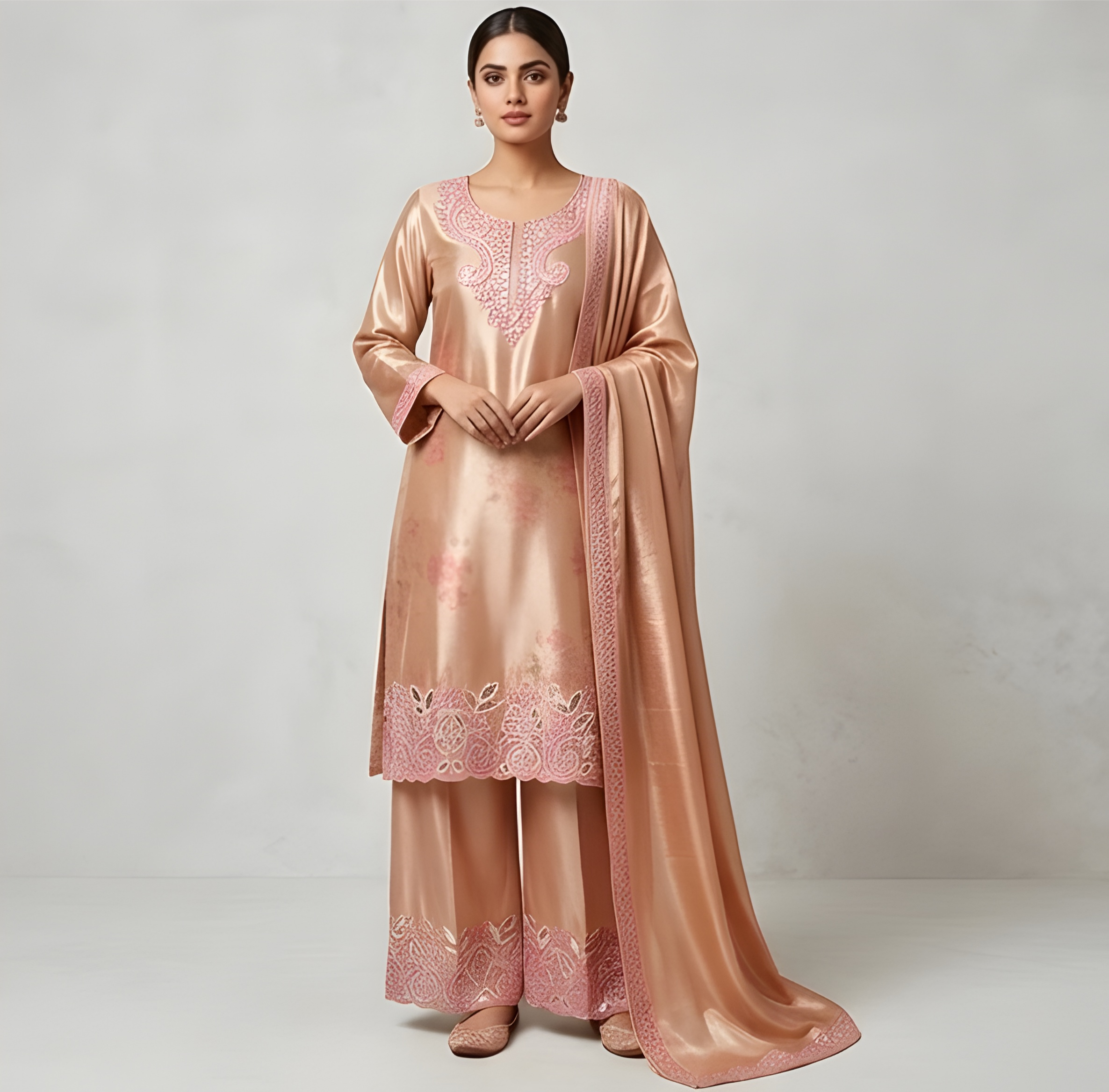 Luxe Rose Gold Shimmer Embroidered Three-Piece Suit