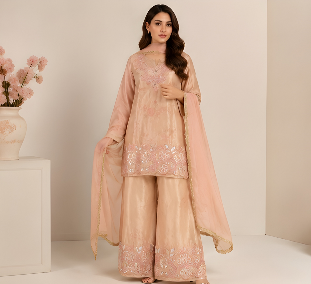 Luxe Rose Gold Shimmer Embroidered Three-Piece Suit