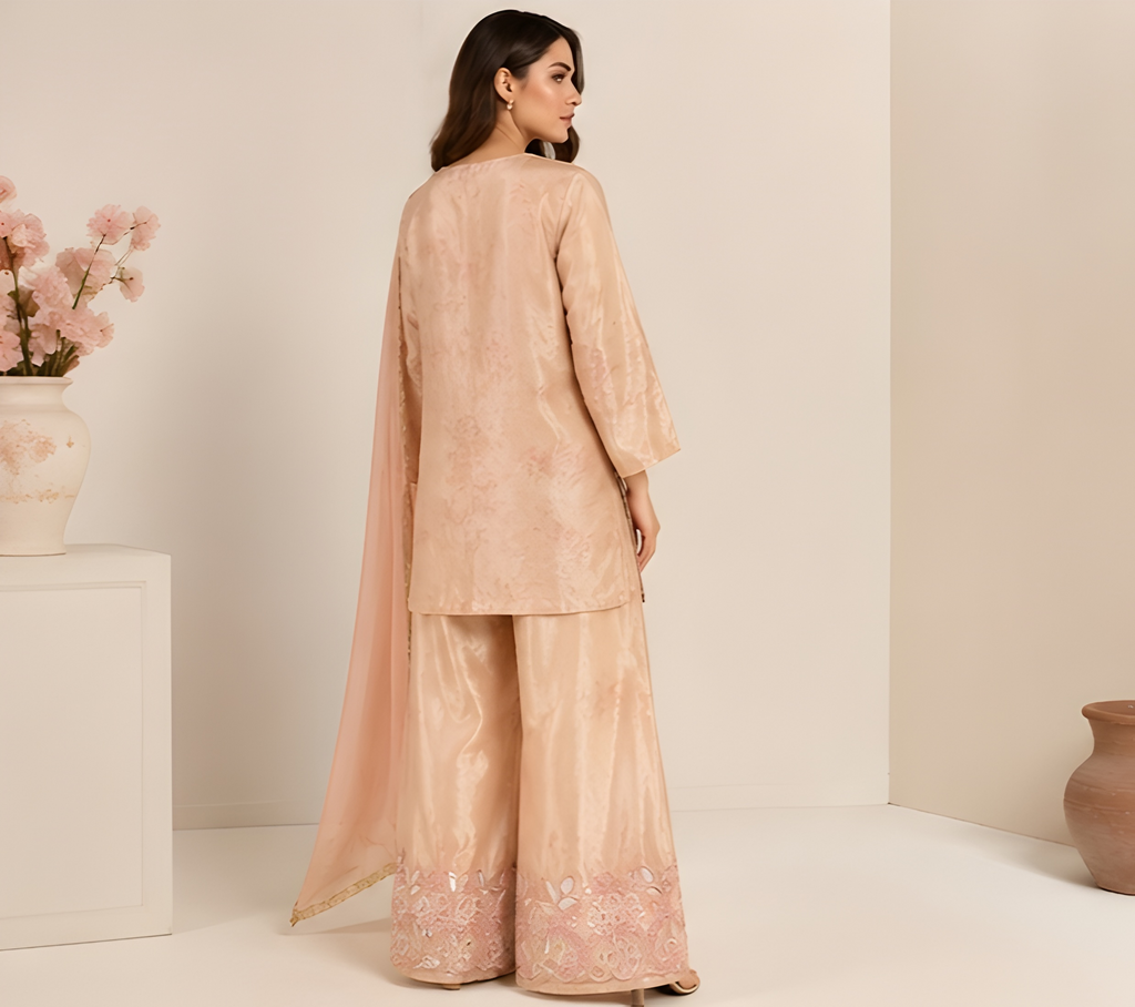 Luxe Rose Gold Shimmer Embroidered Three-Piece Suit