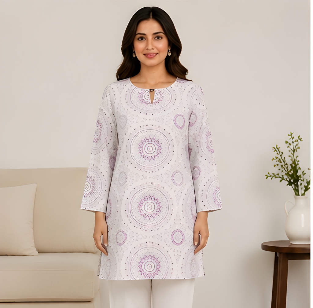 Mandala Printed NV-Blend Corset-Back Tunic Shirt