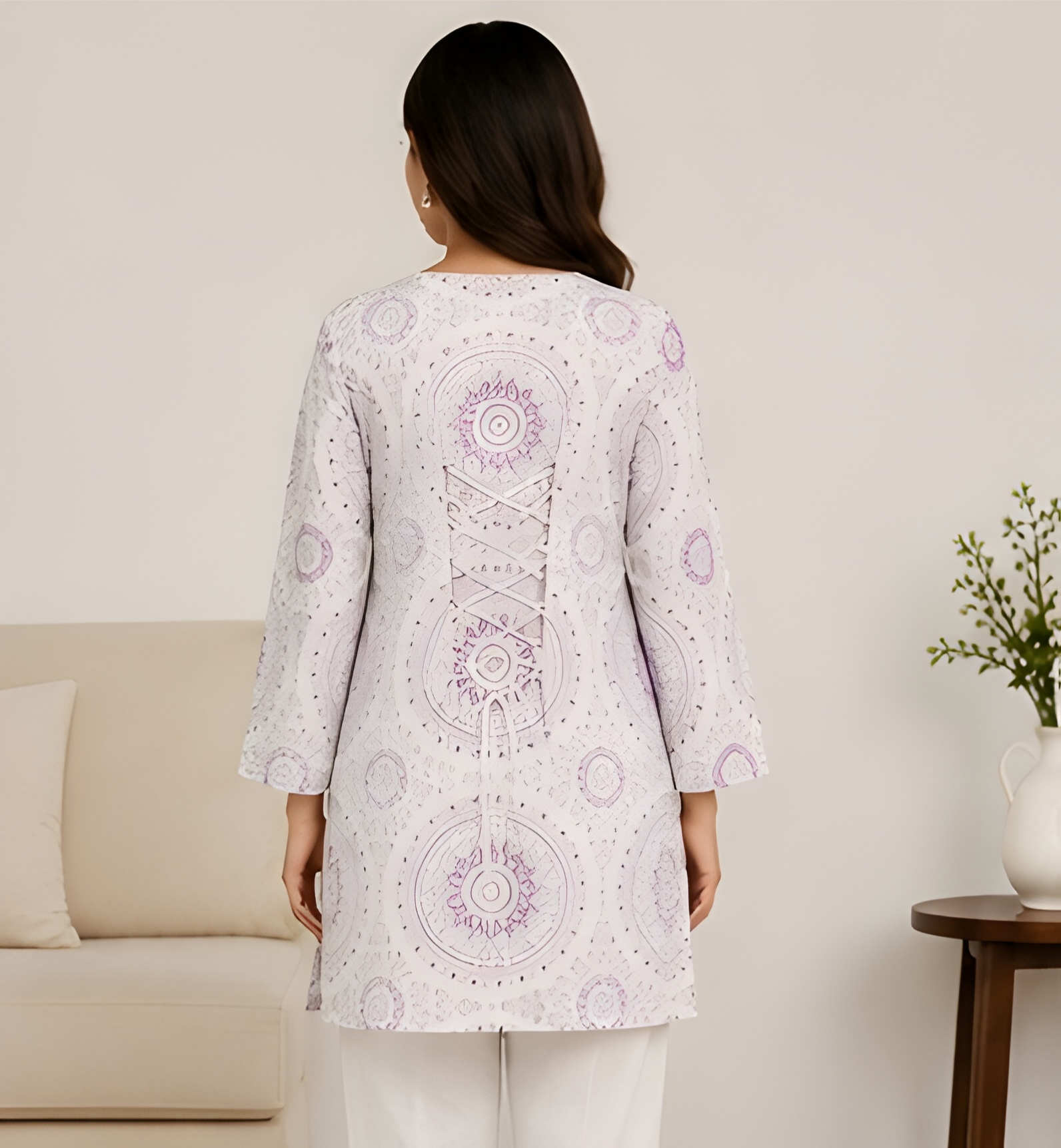 Mandala Printed NV-Blend Corset-Back Tunic Shirt