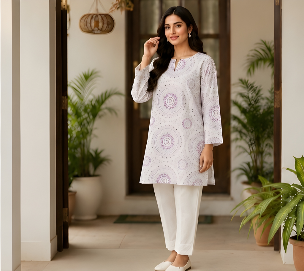 Mandala Printed NV-Blend Corset-Back Tunic Shirt